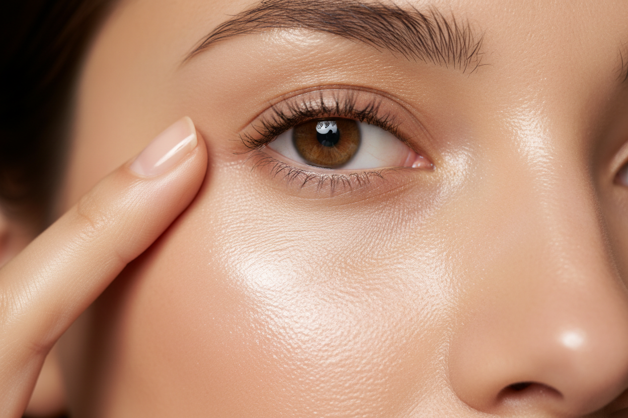 close-up of a woman's eye area with natural glowing skin, soft warm lighting, silky smooth texture, glossy hydrated under-eye area, subtle highlights, realistic pores, minimal makeup, luxury skincare aesthetic, gentle finger touching the skin near the eye, premium beauty campaign style